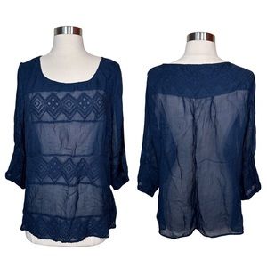 Lucky Brand Boho Navy Blue Sheer Embroidered 3/4 Sleeve Scoop Neck Blouse Top XL